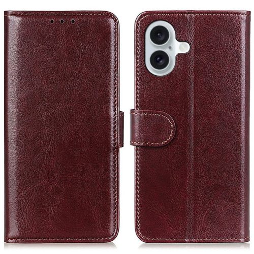 For iPhone 16 Case Crazy Horse Texture PU Leather Wallet Phone Cover - Brown