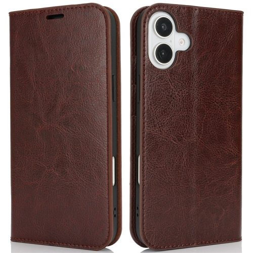 For iPhone 16 Case Crazy Horse Texture Split Leather Wallet Phone Cover - Dark Brown