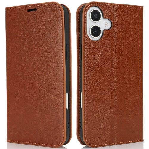 For iPhone 16 Case Crazy Horse Texture Split Leather Wallet Phone Cover - Light Brown