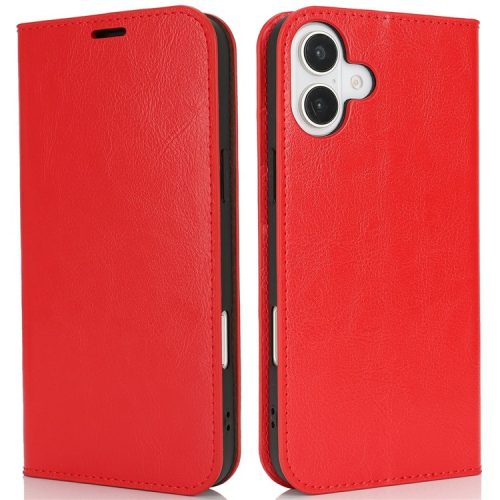 For iPhone 16 Case Crazy Horse Texture Split Leather Wallet Phone Cover - Red