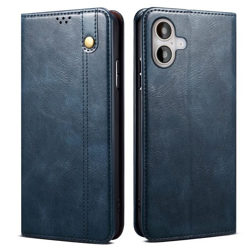 For iPhone 16 Case Crazy Horse Texture Waxy Leather Wallet Stand Cover - Blue