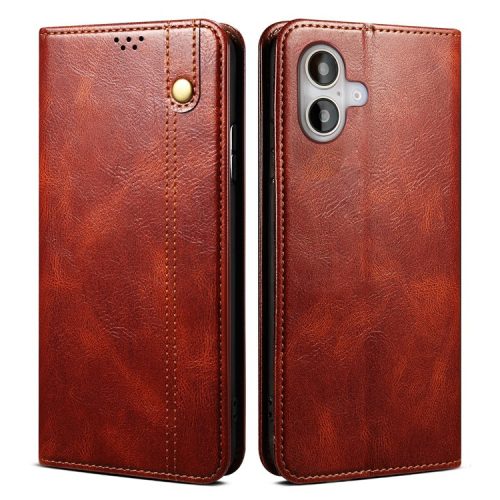 For iPhone 16 Case Crazy Horse Texture Waxy Leather Wallet Stand Cover - Brown