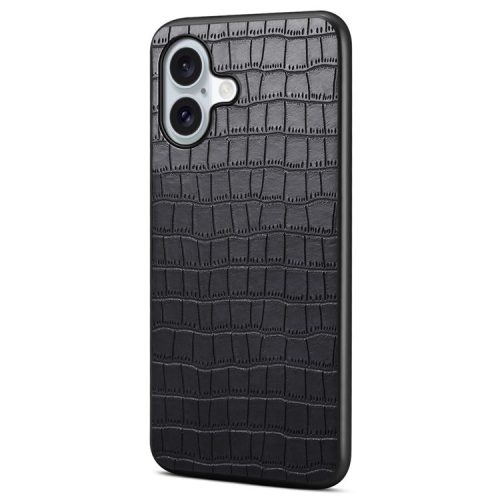 For iPhone 16 Case Crocodile Texture Leather Coated PC+TPU Phone Cover - Black