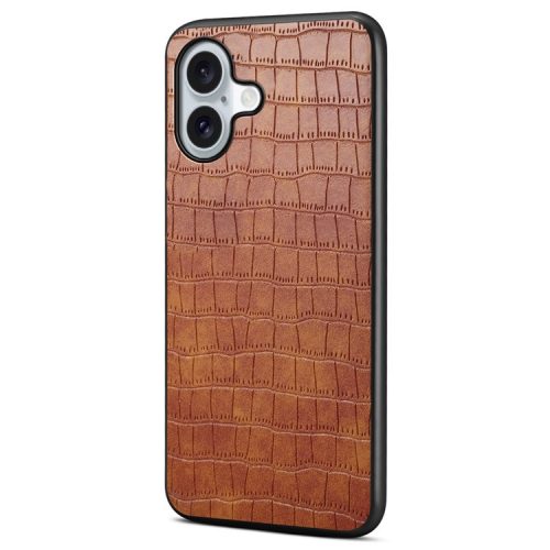 For iPhone 16 Case Crocodile Texture Leather Coated PC+TPU Phone Cover - Brown