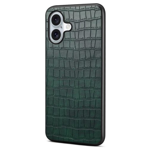 For iPhone 16 Case Crocodile Texture Leather Coated PC+TPU Phone Cover - Green