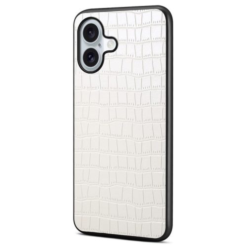 For iPhone 16 Case Crocodile Texture Leather Coated PC+TPU Phone Cover - White