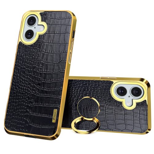 For iPhone 16 Case Crocodile Texture Leather+TPU Electroplating Phone Cover with Ring Kickstand - Black