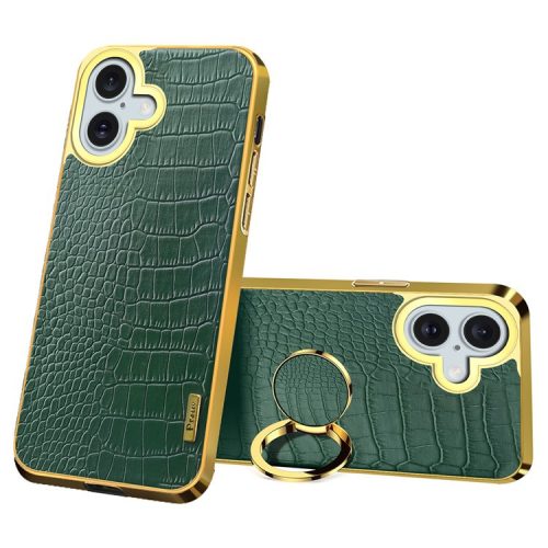 For iPhone 16 Case Crocodile Texture Leather+TPU Electroplating Phone Cover with Ring Kickstand - Green