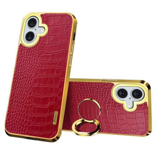 For iPhone 16 Case Crocodile Texture Leather+TPU Electroplating Phone Cover with Ring Kickstand - Red