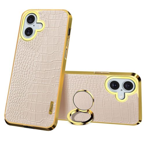 For iPhone 16 Case Crocodile Texture Leather+TPU Electroplating Phone Cover with Ring Kickstand - White