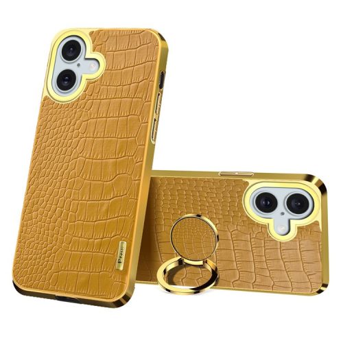 For iPhone 16 Case Crocodile Texture Leather+TPU Electroplating Phone Cover with Ring Kickstand - Yellow