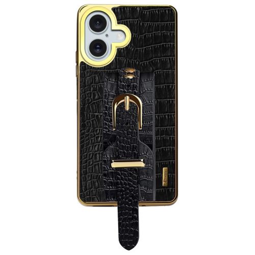 For iPhone 16 Case Crocodile Texture PU Leather+TPU Electroplating Phone Cover Wristband Kickstand - Black