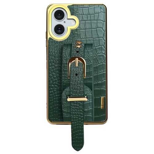 For iPhone 16 Case Crocodile Texture PU Leather+TPU Electroplating Phone Cover Wristband Kickstand - Green