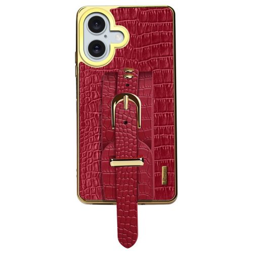 For iPhone 16 Case Crocodile Texture PU Leather+TPU Electroplating Phone Cover Wristband Kickstand - Red