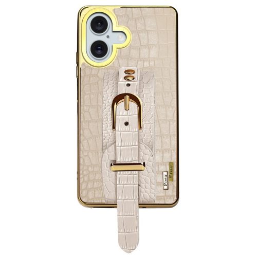 For iPhone 16 Case Crocodile Texture PU Leather+TPU Electroplating Phone Cover Wristband Kickstand - White