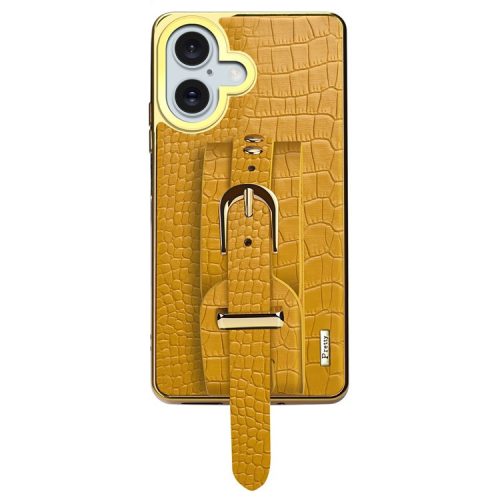 For iPhone 16 Case Crocodile Texture PU Leather+TPU Electroplating Phone Cover Wristband Kickstand - Yellow