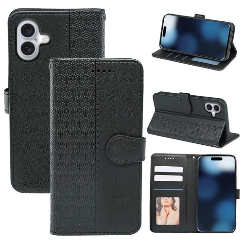 For iPhone 16 Case Cubic Grid Imprint PU Leather Folio Flip Phone Cover - Black