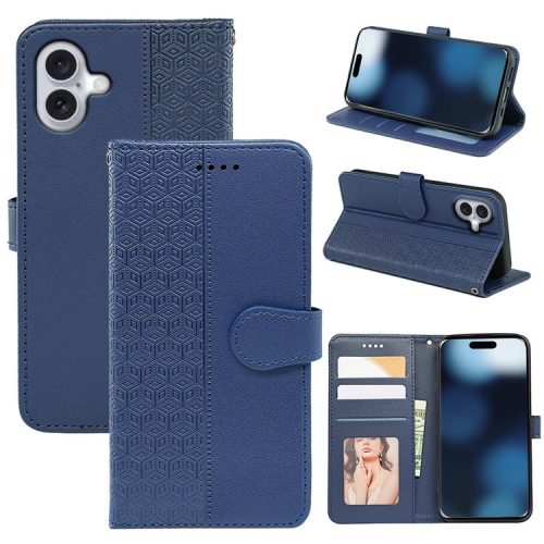 For iPhone 16 Case Cubic Grid Imprint PU Leather Folio Flip Phone Cover - Blue