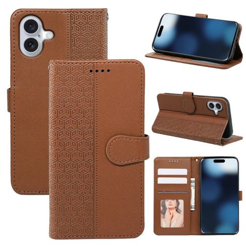 For iPhone 16 Case Cubic Grid Imprint PU Leather Folio Flip Phone Cover - Brown