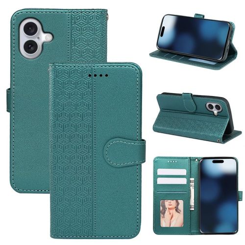 For iPhone 16 Case Cubic Grid Imprint PU Leather Folio Flip Phone Cover - Green