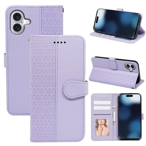 For iPhone 16 Case Cubic Grid Imprint PU Leather Folio Flip Phone Cover - Purple