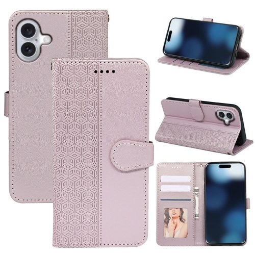 For iPhone 16 Case Cubic Grid Imprint PU Leather Folio Flip Phone Cover - Rose Gold