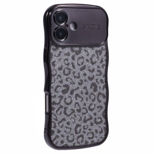 For iPhone 16 Case Curly Frame TPU Phone Cover Leopard Print Glitter - Black