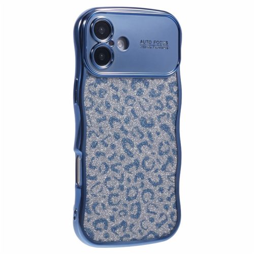 For iPhone 16 Case Curly Frame TPU Phone Cover Leopard Print Glitter - Blue