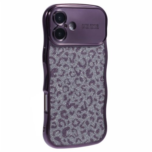 For iPhone 16 Case Curly Frame TPU Phone Cover Leopard Print Glitter - Dark Purple