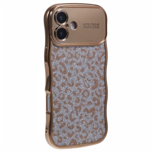 For iPhone 16 Case Curly Frame TPU Phone Cover Leopard Print Glitter - Gold