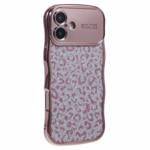 For iPhone 16 Case Curly Frame TPU Phone Cover Leopard Print Glitter - Rose Pink