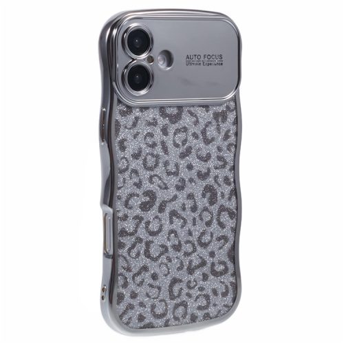 For iPhone 16 Case Curly Frame TPU Phone Cover Leopard Print Glitter - Silver