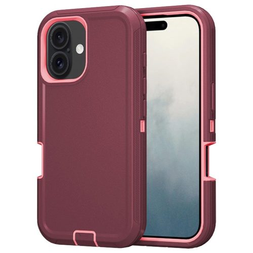 For iPhone 16 Case Detachable PC+TPU Drop-Proof Back Cover - Wine Red+Pink