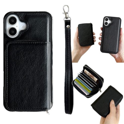 For iPhone 16 Case Detachable Zipper Card Bag PU+TPU Kickstand Phone Case with Strap - Black