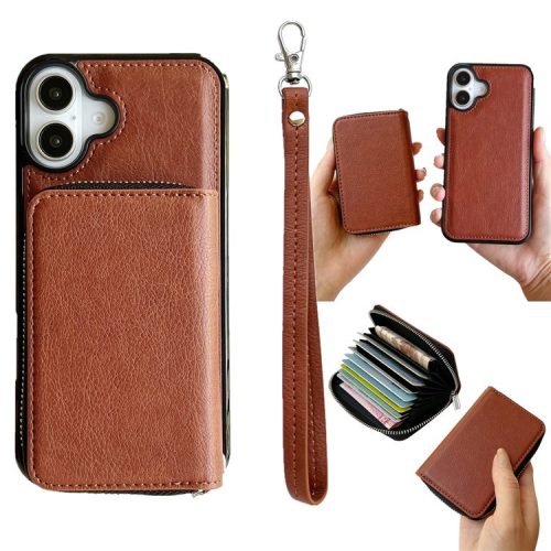 For iPhone 16 Case Detachable Zipper Card Bag PU+TPU Kickstand Phone Case with Strap - Brown