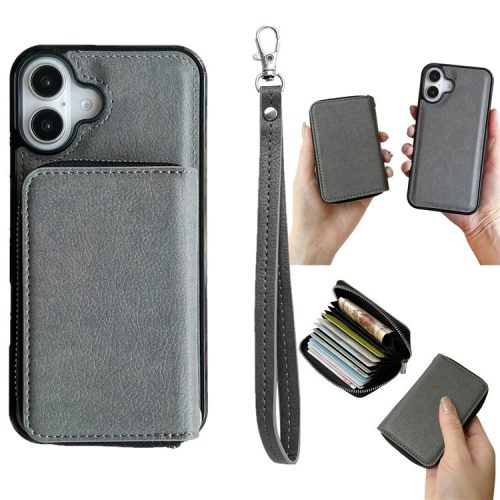 For iPhone 16 Case Detachable Zipper Card Bag PU+TPU Kickstand Phone Case with Strap - Grey