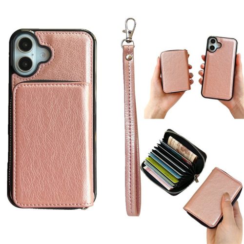 For iPhone 16 Case Detachable Zipper Card Bag PU+TPU Kickstand Phone Case with Strap - Rose Gold