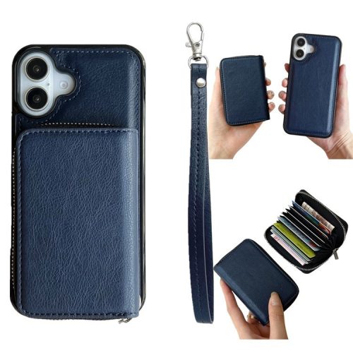 For iPhone 16 Case Detachable Zipper Card Bag PU+TPU Kickstand Phone Case with Strap - Sapphire