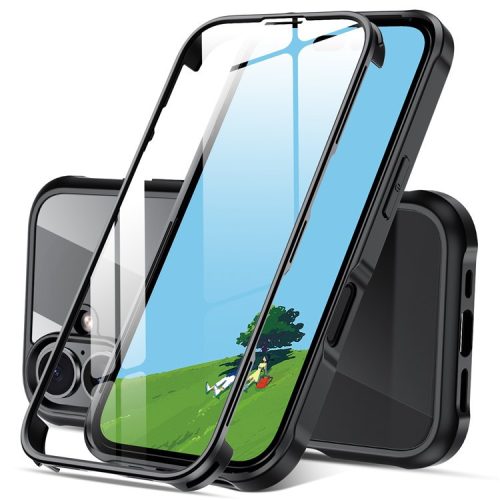 For iPhone 16 Case Double-Sided Tempered Glass+Silicone+TPU Full Protection Phone Cover - Black