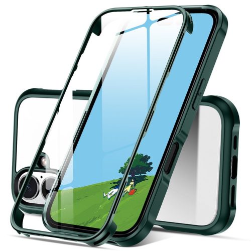 For iPhone 16 Case Double-Sided Tempered Glass+Silicone+TPU Full Protection Phone Cover - Midnight Green