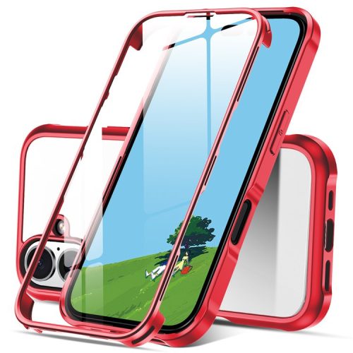 For iPhone 16 Case Double-Sided Tempered Glass+Silicone+TPU Full Protection Phone Cover - Red