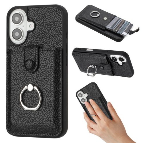 For iPhone 16 Case Drawing Type Card Slots Litchi Texture Leather Back Cover with Ring Kickstand - Black