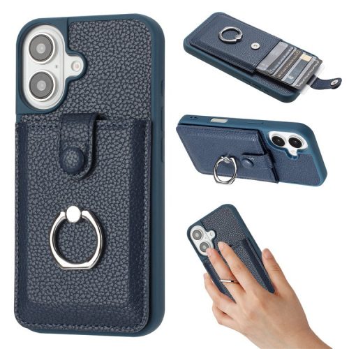 For iPhone 16 Case Drawing Type Card Slots Litchi Texture Leather Back Cover with Ring Kickstand - Blue