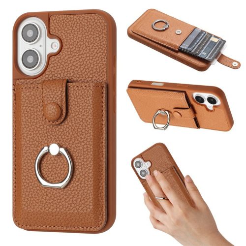 For iPhone 16 Case Drawing Type Card Slots Litchi Texture Leather Back Cover with Ring Kickstand - Brown