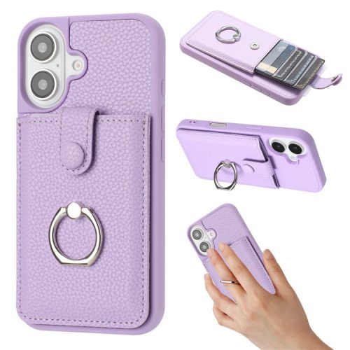 For iPhone 16 Case Drawing Type Card Slots Litchi Texture Leather Back Cover with Ring Kickstand - Purple