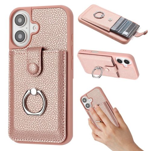 For iPhone 16 Case Drawing Type Card Slots Litchi Texture Leather Back Cover with Ring Kickstand - Rose Gold