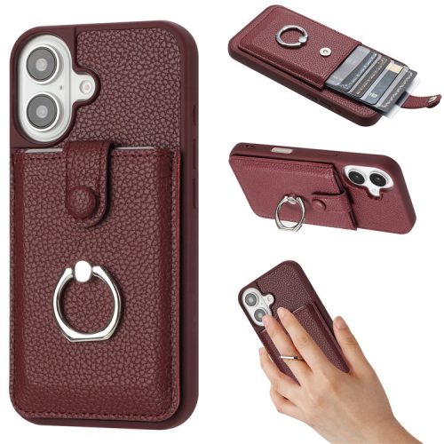 For iPhone 16 Case Drawing Type Card Slots Litchi Texture Leather Back Cover with Ring Kickstand - Wine Red