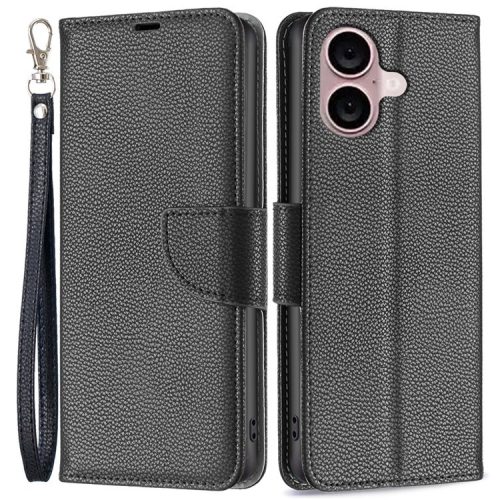 For iPhone 16 Case Drop Proof Wallet Litchi Texture Leather Phone Cover - Black