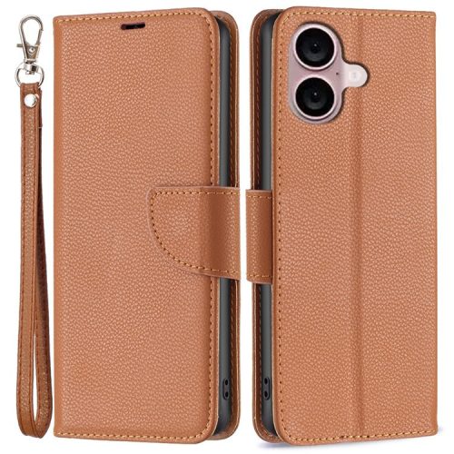 For iPhone 16 Case Drop Proof Wallet Litchi Texture Leather Phone Cover - Brown