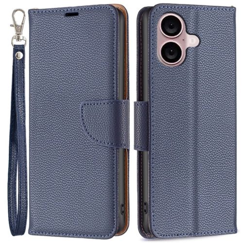 For iPhone 16 Case Drop Proof Wallet Litchi Texture Leather Phone Cover - Dark Blue